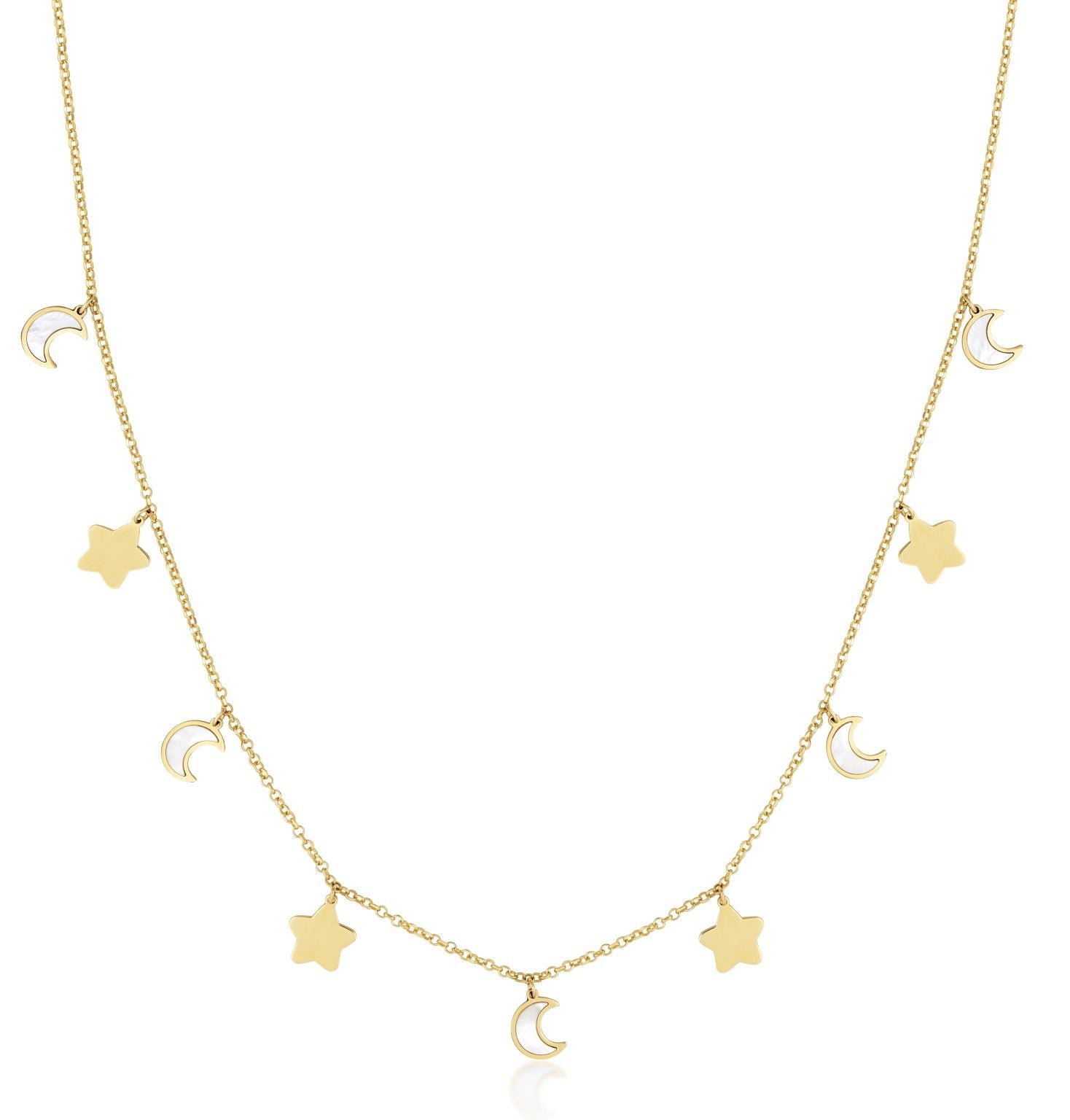 Birmingham Jewelry - 14K Yellow Gold Moon & Star Station Necklace (Mop / Gold) - Birmingham Jewelry