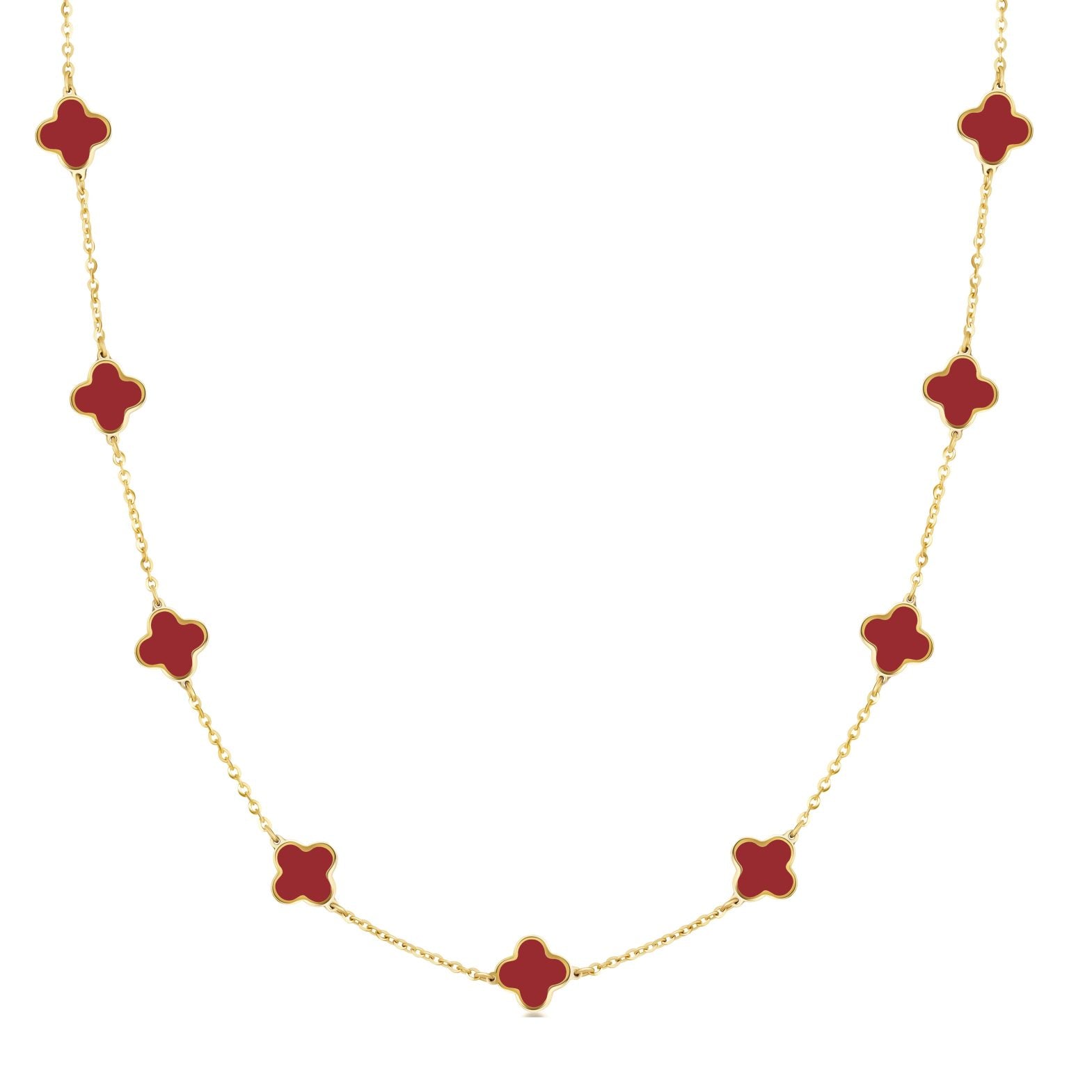 Birmingham Jewelry - 14K Yellow Gold Small Clover Station Necklace (Coral) - Birmingham Jewelry