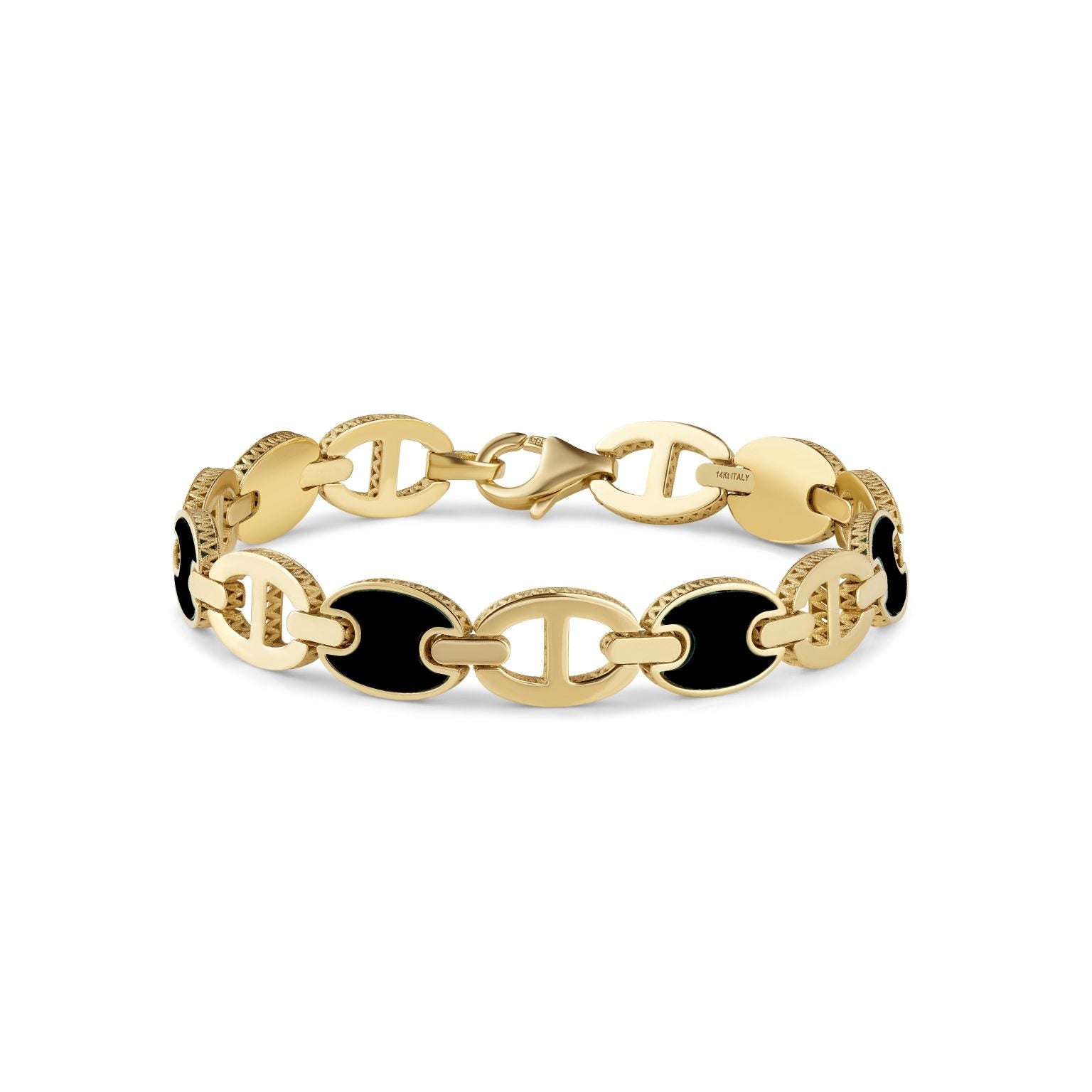 Birmingham Jewelry - 14K Yellow Gold Solid Mariner Links 7.00" Bracelet (Onyx) - Birmingham Jewelry
