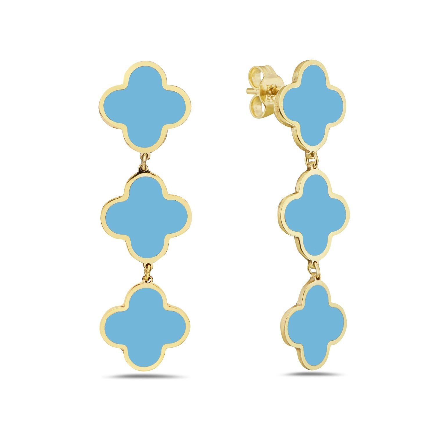 Birmingham Jewelry - 14K Yellow Gold Triple Clover Dangle Earrings (Turquoise) - Birmingham Jewelry