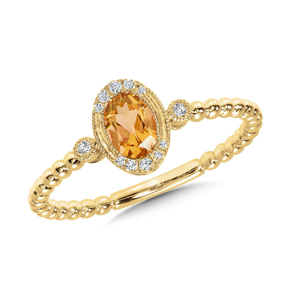 14K Yellow Gold OVAL-CUT CITRINE & DIAMOND MILGRAIN HALO BEADED SHANK RING Birmingham Jewelry Ring Birmingham Jewelry