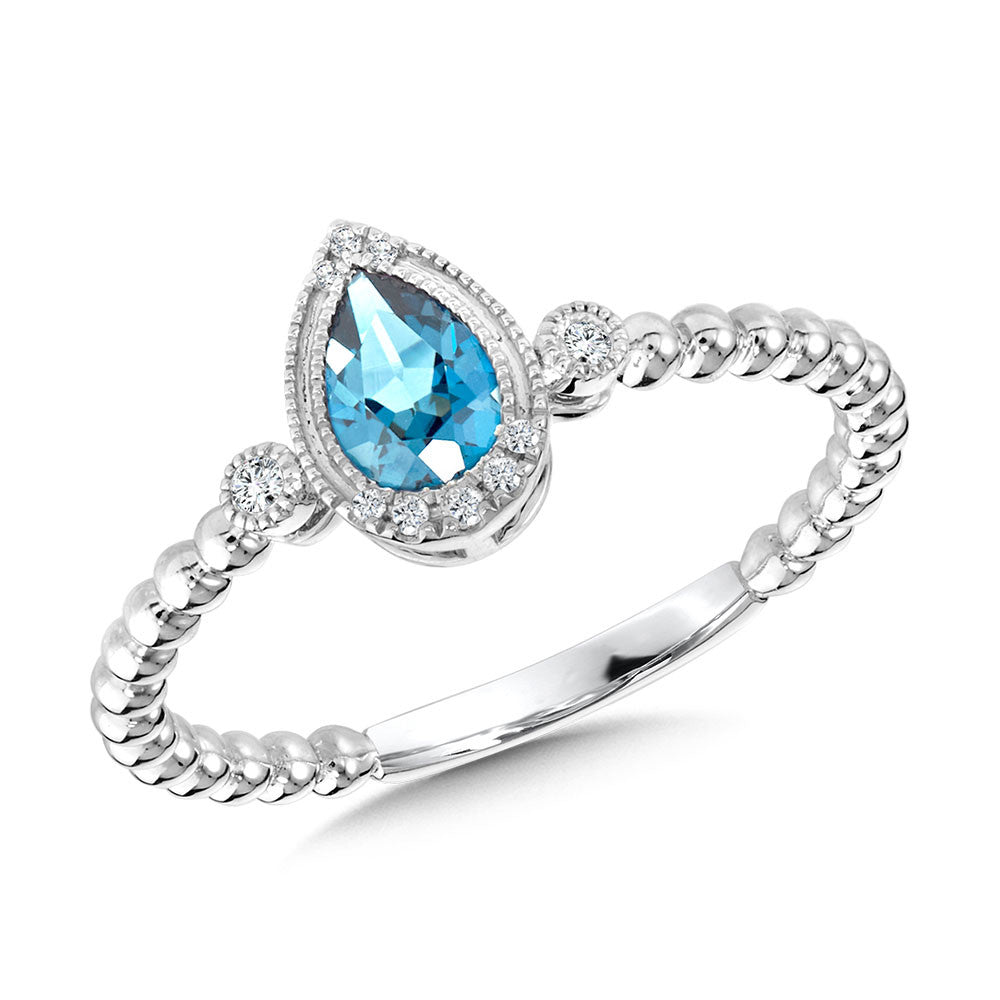 14K White Gold PEAR-CUT SWISS BLUE TOPAZ & DIAMOND MILGRAIN HALO BEADED SHANK RING Birmingham Jewelry Ring Birmingham Jewelry
