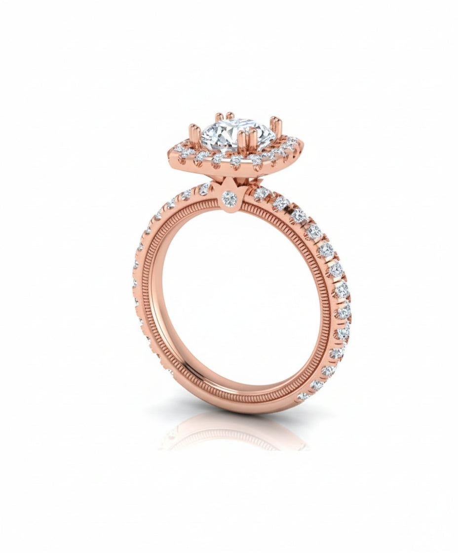 rose gold Diamond ring with a halo-style setting