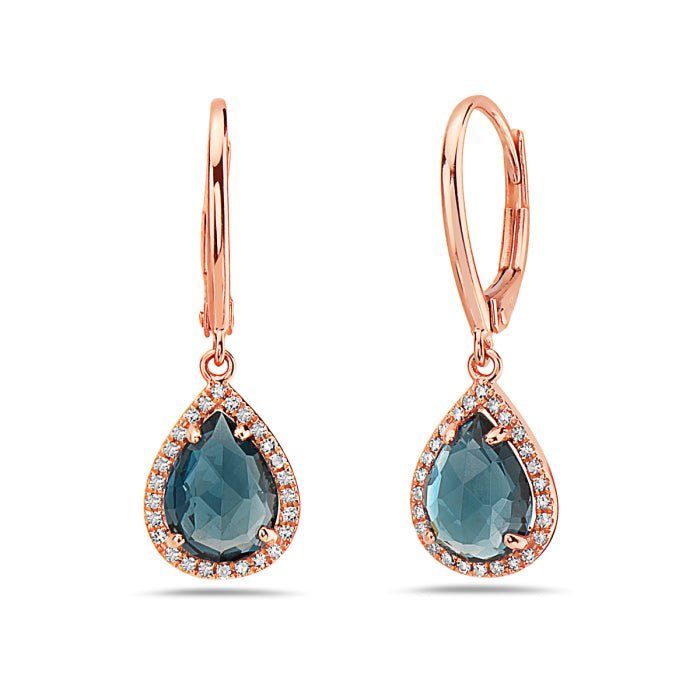 Birmingham Jewelry - 14K Rose Gold Pear Shape Blue Topaz And Diamond Earring - Birmingham Jewelry