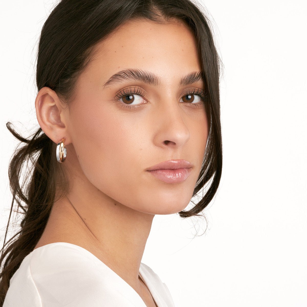 Birmingham Jewelry - 14K Two-Tone Gold Criss-Cross Omega Back Hoop - Birmingham Jewelry