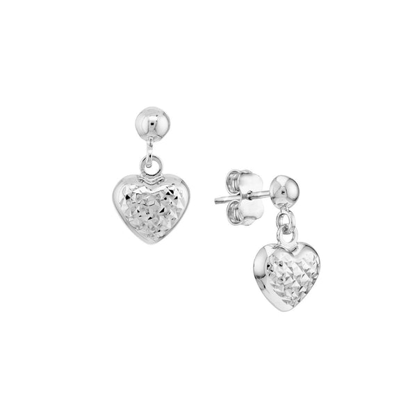 Birmingham Jewelry - 14K White Gold Diamond-Cut Puffed Heart Dangle Earrings - Birmingham Jewelry