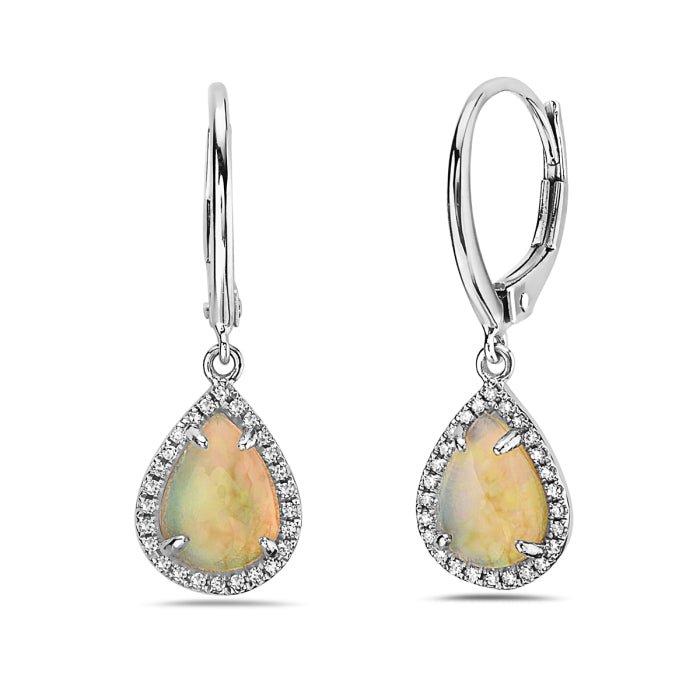 14K White Gold Pear Shape Opal And Diamond Earring Birmingham Jewelry Earrings Birmingham Jewelry