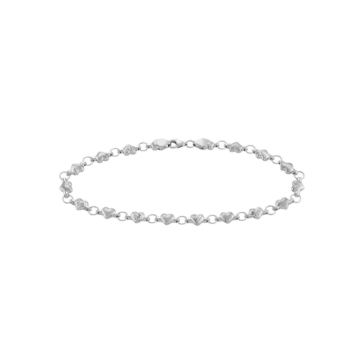 14K White Gold Stampato D/C and Satin Hearts Chain Anklet Birmingham Jewelry Anklet Birmingham Jewelry