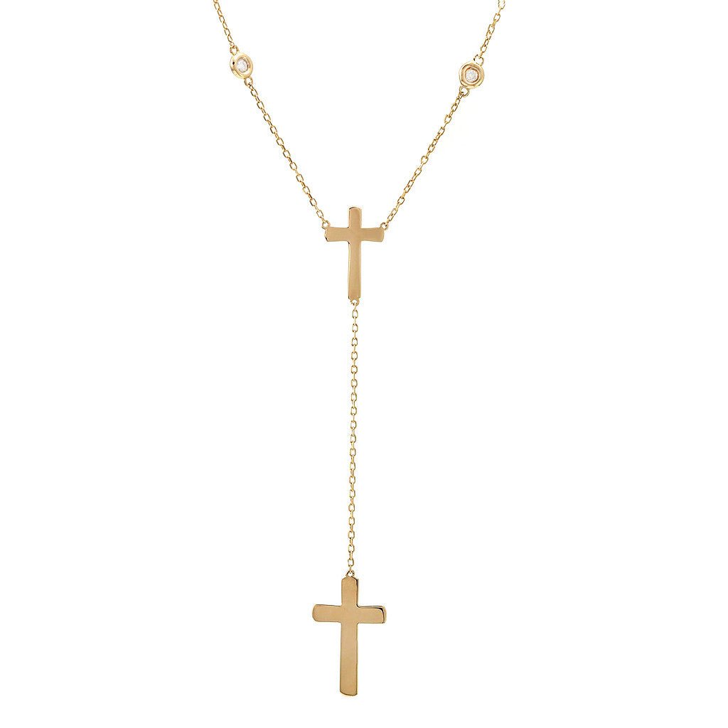 14K Yellow Gold 2-Cross Drop Diamond Necklace Birmingham Jewelry Necklace Birmingham Jewelry