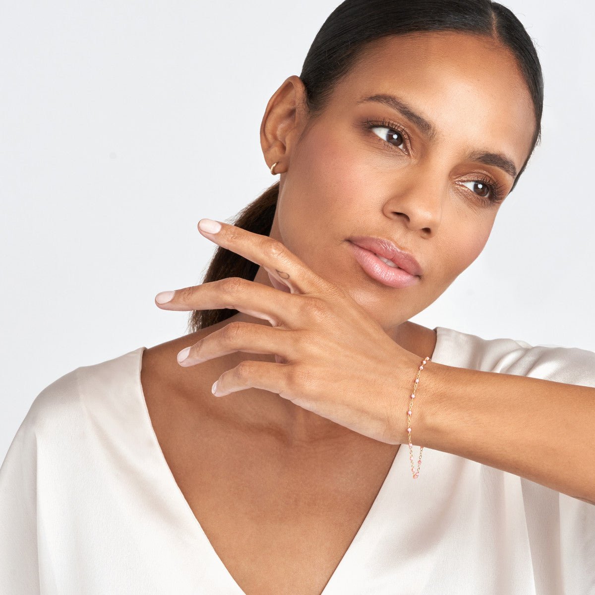 14K Yellow Gold Baby Pink Enamel Bead Piatto Chain Bracelet Birmingham Jewelry Bracelet Birmingham Jewelry