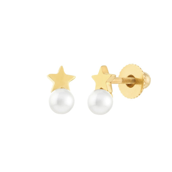 Birmingham Jewelry - 14K Yellow Gold Child's Star and Pearl Stud Earrings with Screw Back - Birmingham Jewelry