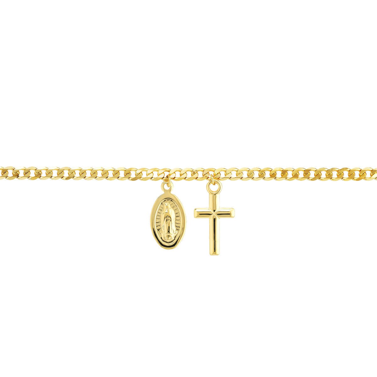14K Yellow Gold Cross/Mary Dangles on Open Curb Chain Anklet Birmingham Jewelry Anklet Birmingham Jewelry