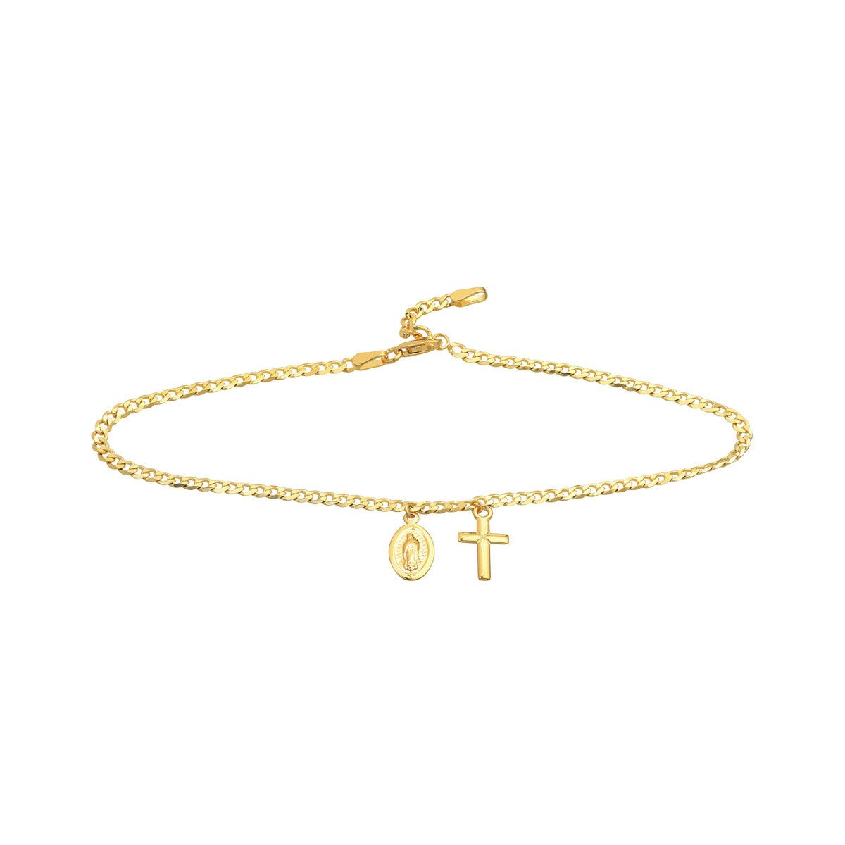 14K Yellow Gold Cross/Mary Dangles on Open Curb Chain Anklet Birmingham Jewelry Anklet Birmingham Jewelry