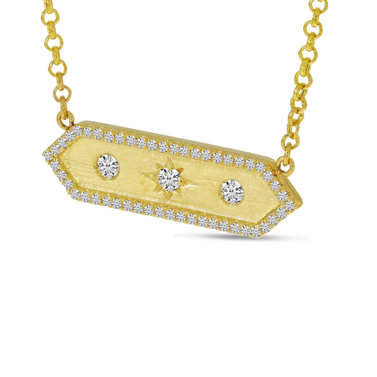 14K Yellow Gold Diamond Halo Brushed Hexagon Bar Pendant Birmingham Jewelry Necklace Birmingham Jewelry