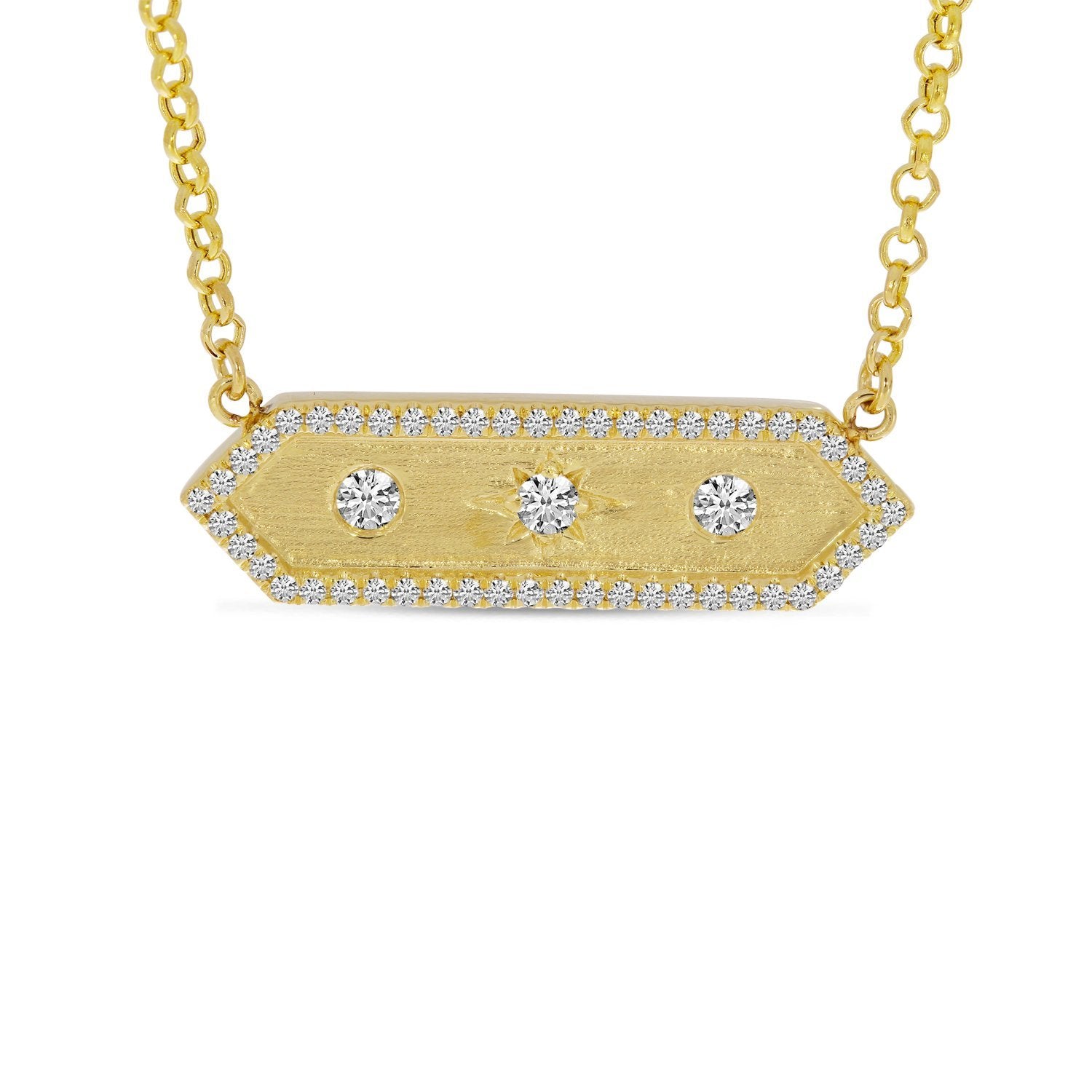 14K Yellow Gold Diamond Halo Brushed Hexagon Bar Pendant Birmingham Jewelry Necklace Birmingham Jewelry
