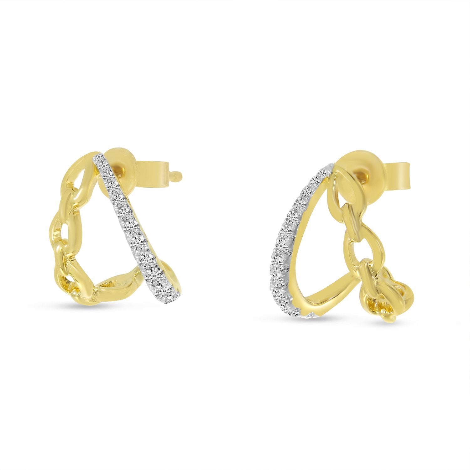 14K Yellow Gold Diamond & Link Split Huggie Earrings Birmingham Jewelry Earrings Birmingham Jewelry