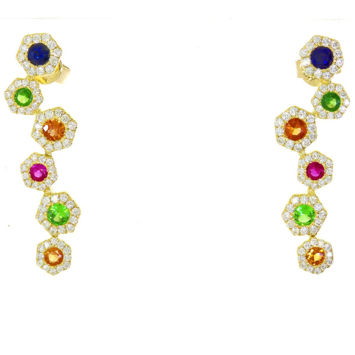 14K Yellow Gold Hexagon Zigzag Rainbow Sapphire and Diamond Earrings Birmingham Jewelry Earrings Birmingham Jewelry