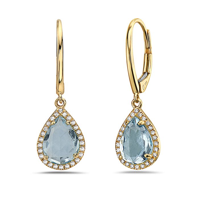 14K Yellow Gold Pear Shape Blue Topaz And Diamond Earring Birmingham Jewelry Earrings Birmingham Jewelry