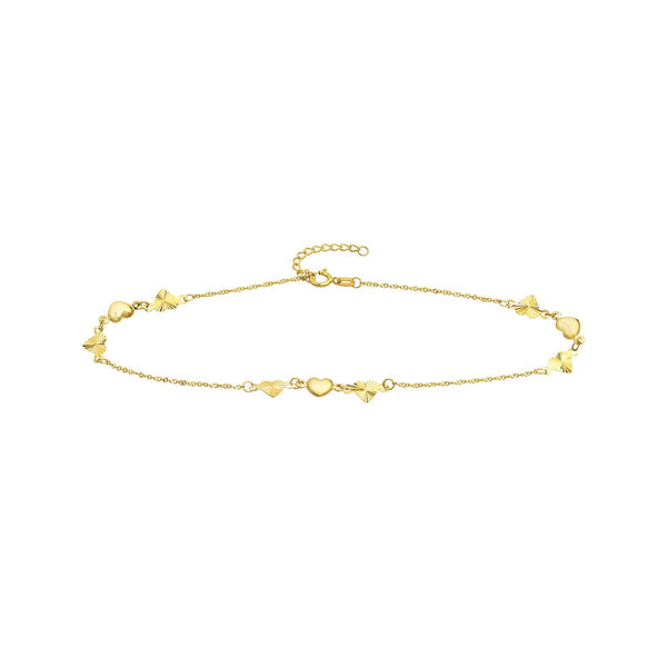 Birmingham Jewelry - 14K Yellow Gold Polished and Fluted Hearts Adjustable Anklet - Birmingham Jewelry