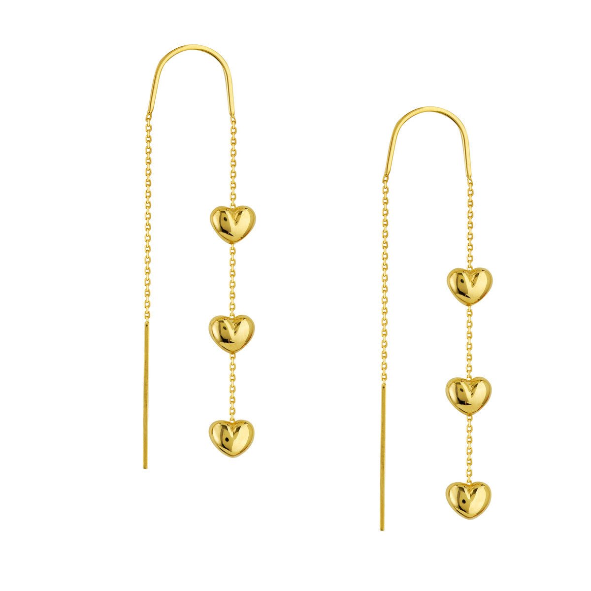 Birmingham Jewelry - 14K Yellow Gold Triple-Puffed Heart Threader Earrings - Birmingham Jewelry