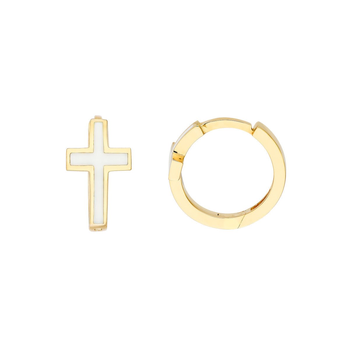 14K Yellow Gold White Cross Enamel Huggies Earrings