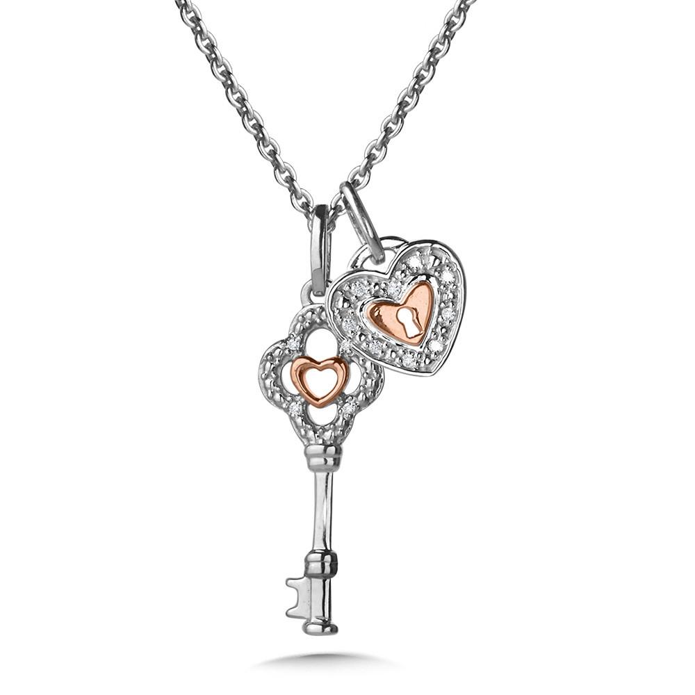 STERLING SILVER & ROSE GOLD DIAMOND HEART LOCK & KEY PENDANT Birmingham Jewelry Pendant Birmingham Jewelry
