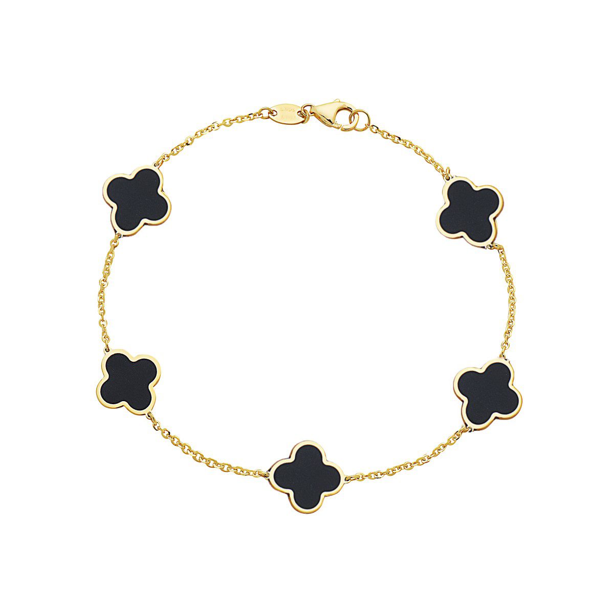 14K Yellow Gold Clover Station Bracelet (Onyx)