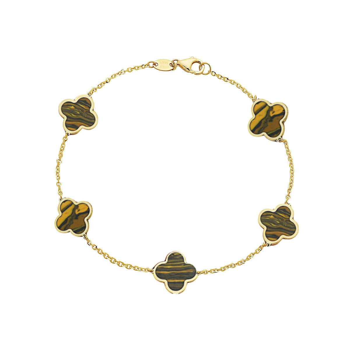 14K Yellow Gold Clover Station Bracelet (Tiger Eye)