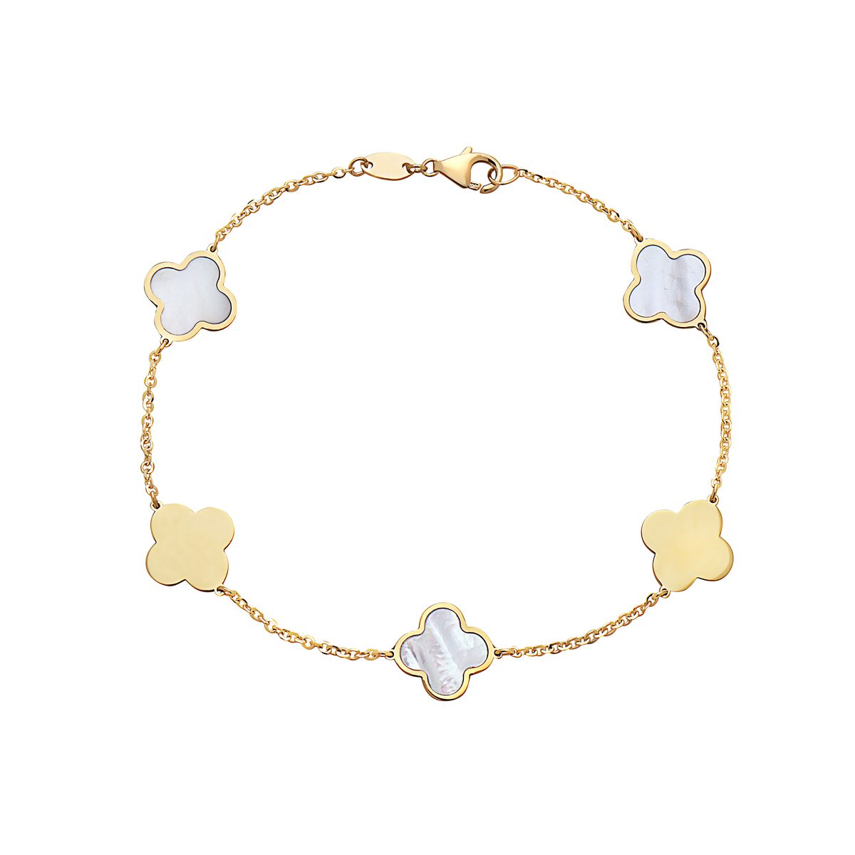 14K Yellow Gold Clover Station Bracelet Two-Color (MOP / Gold)