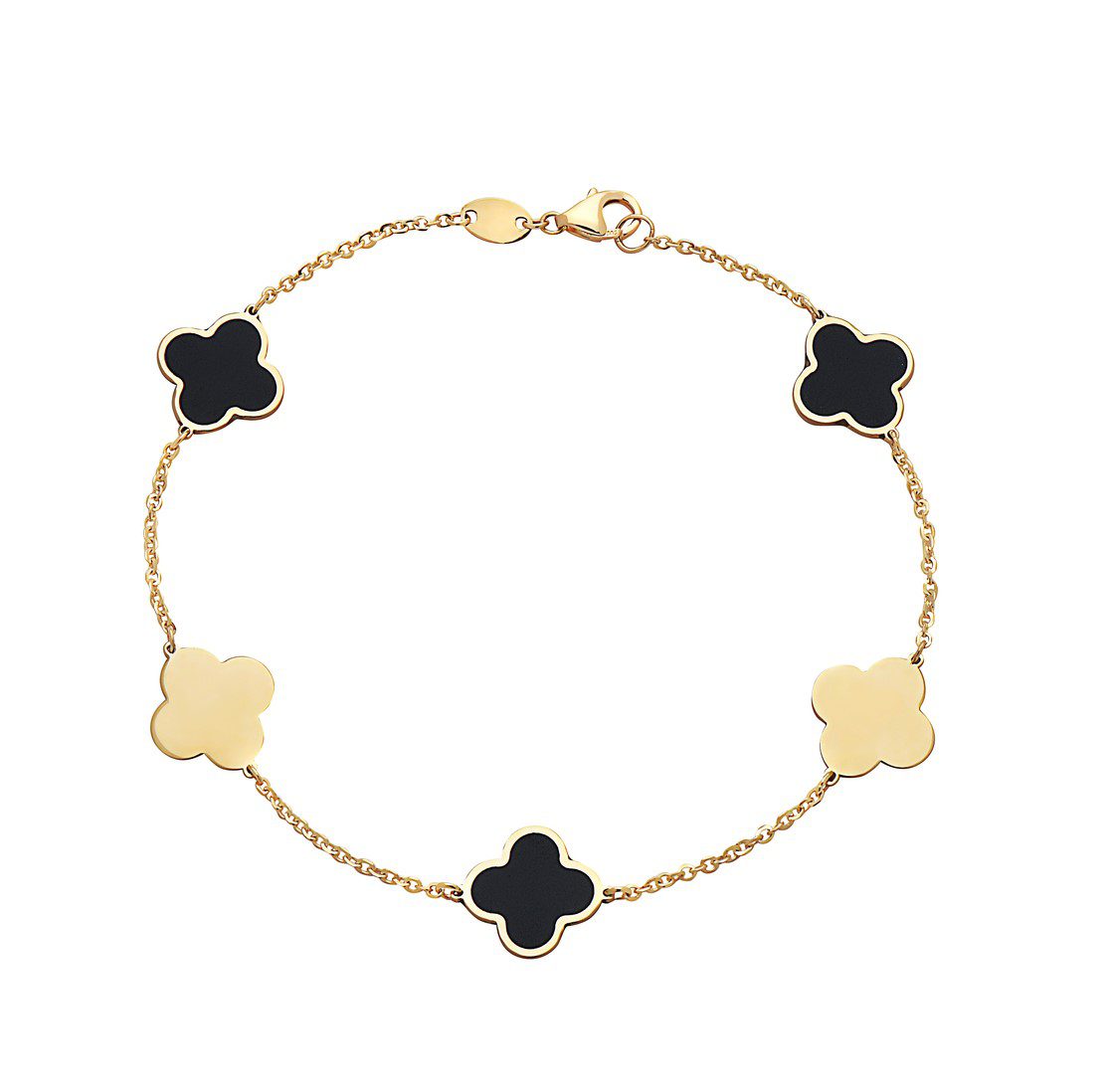 14K Yellow Gold Clover Station Bracelet Two-Color (Onyx / Gold)