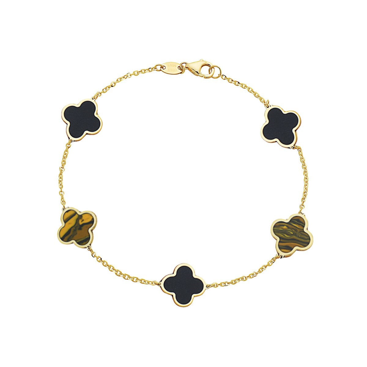 14K Yellow Gold Clover Station Bracelet Two-Color (Turquoise / Tiger Eye)