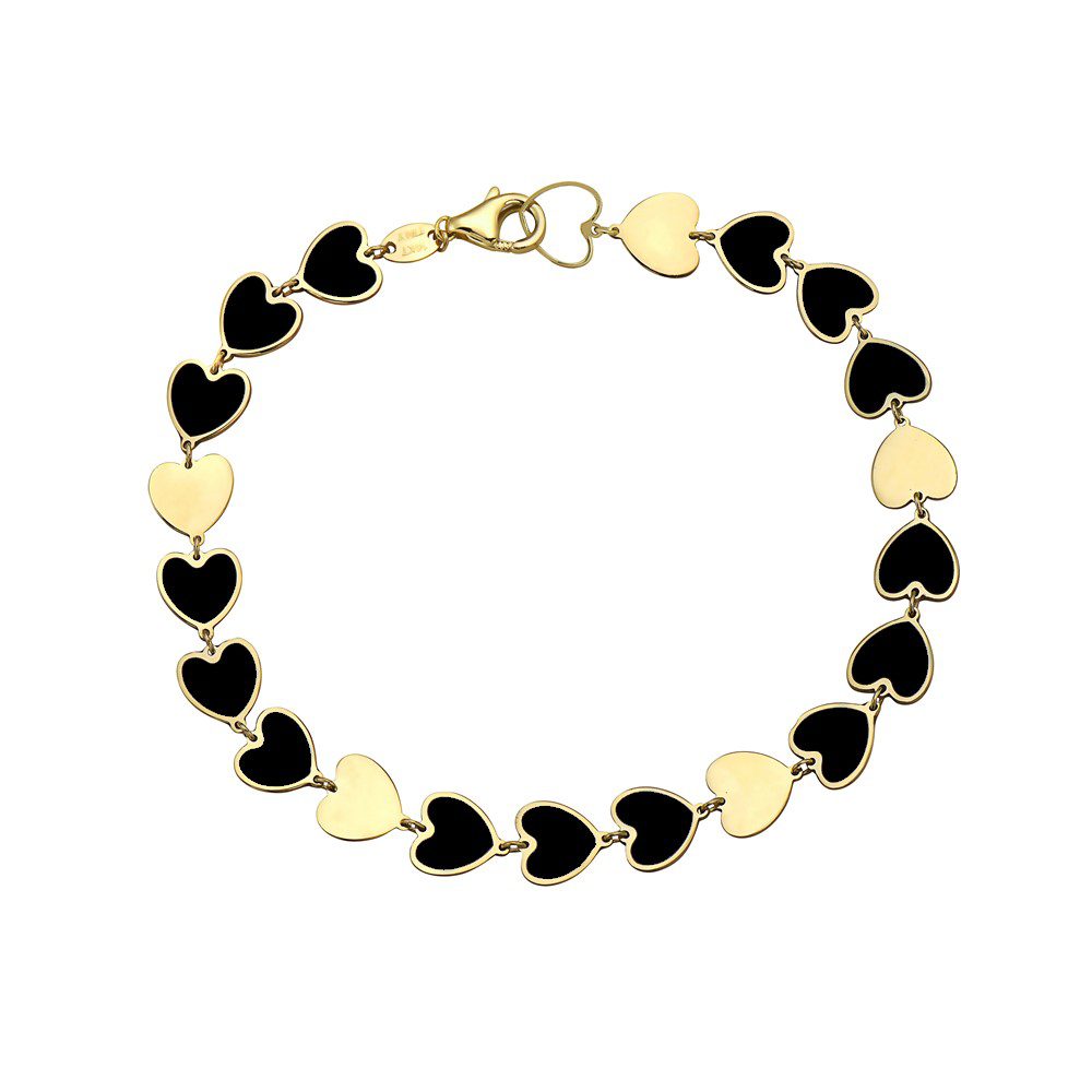 14K Yellow Gold Heart Bracelet (Onyx / Gold)
