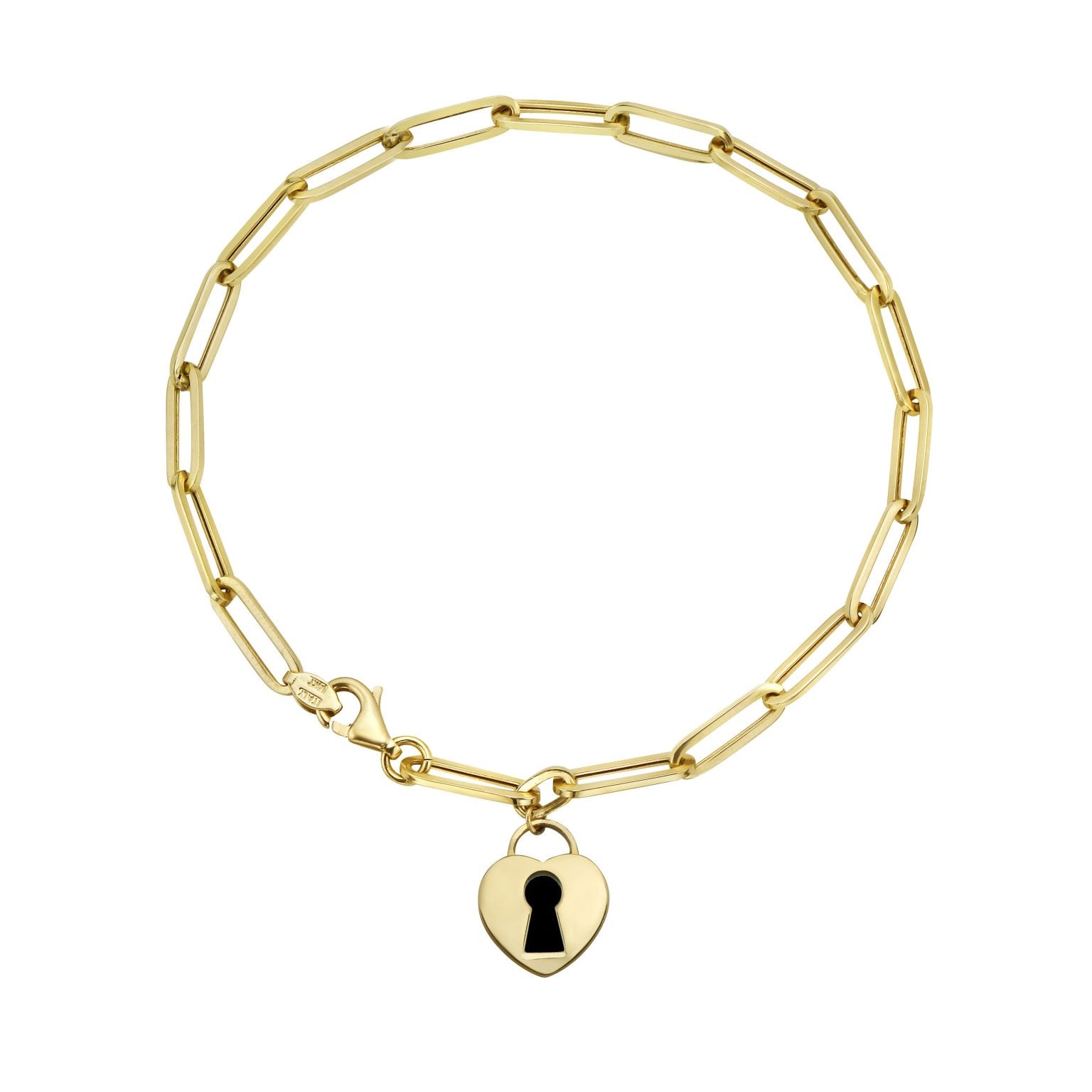 14K Yellow Gold Heart And Key Charm Paperclip Bracelet (Onyx)