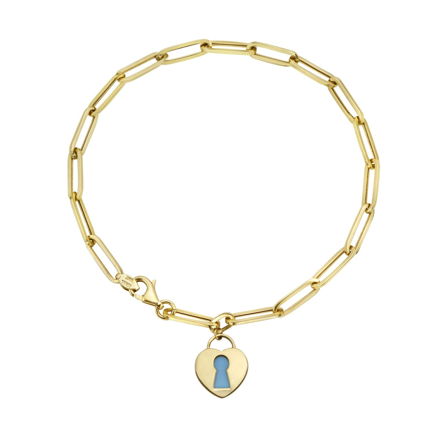 14K Yellow Gold Heart And Key Charm Paperclip Bracelet (Turquoise)