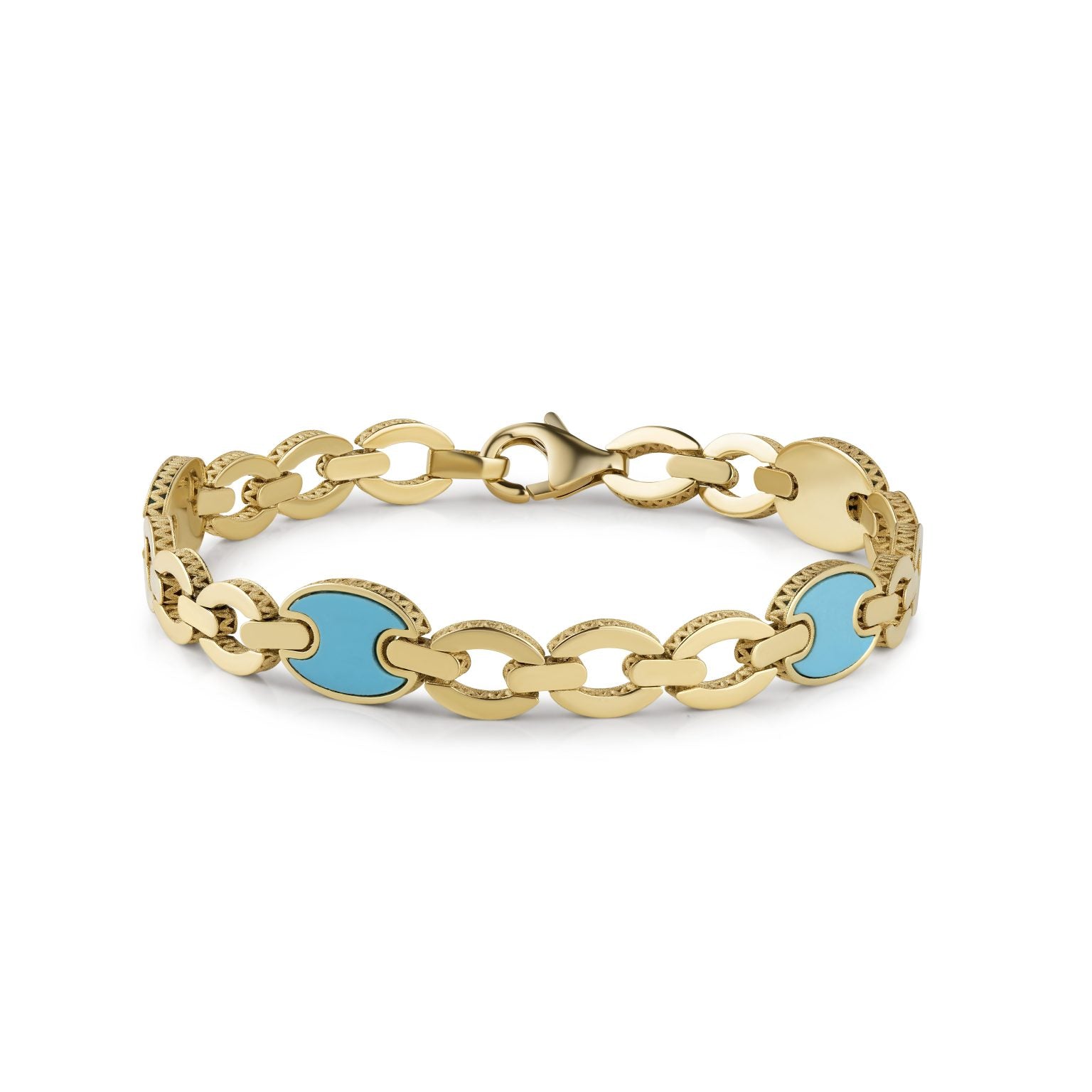 14K Yellow Gold Solid Gucci Links 7.00" Bracelet (Turquoise)
