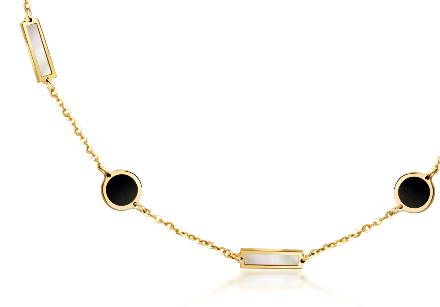 14K Yellow Gold Bar And Disc Station Bracelet (MOP / Onyx)