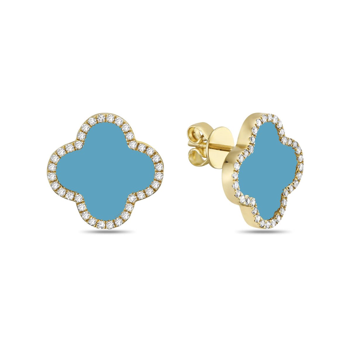 14K Yellow Gold Large Clover Earrings - Diamond (Turquoise)