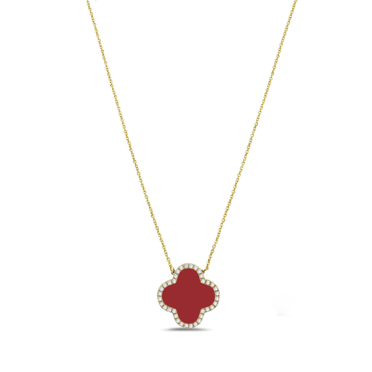 14K Yellow Gold Clover Pendant Necklace - Diamond (Coral)