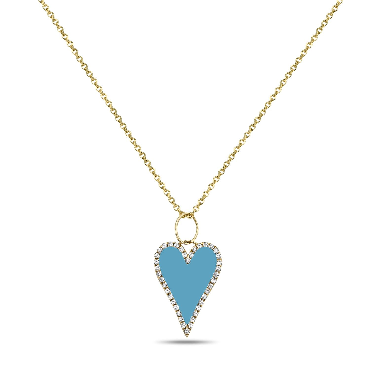 14K Yellow Gold Small Heart Diamond Halo Pendant Necklace (Turquoise)