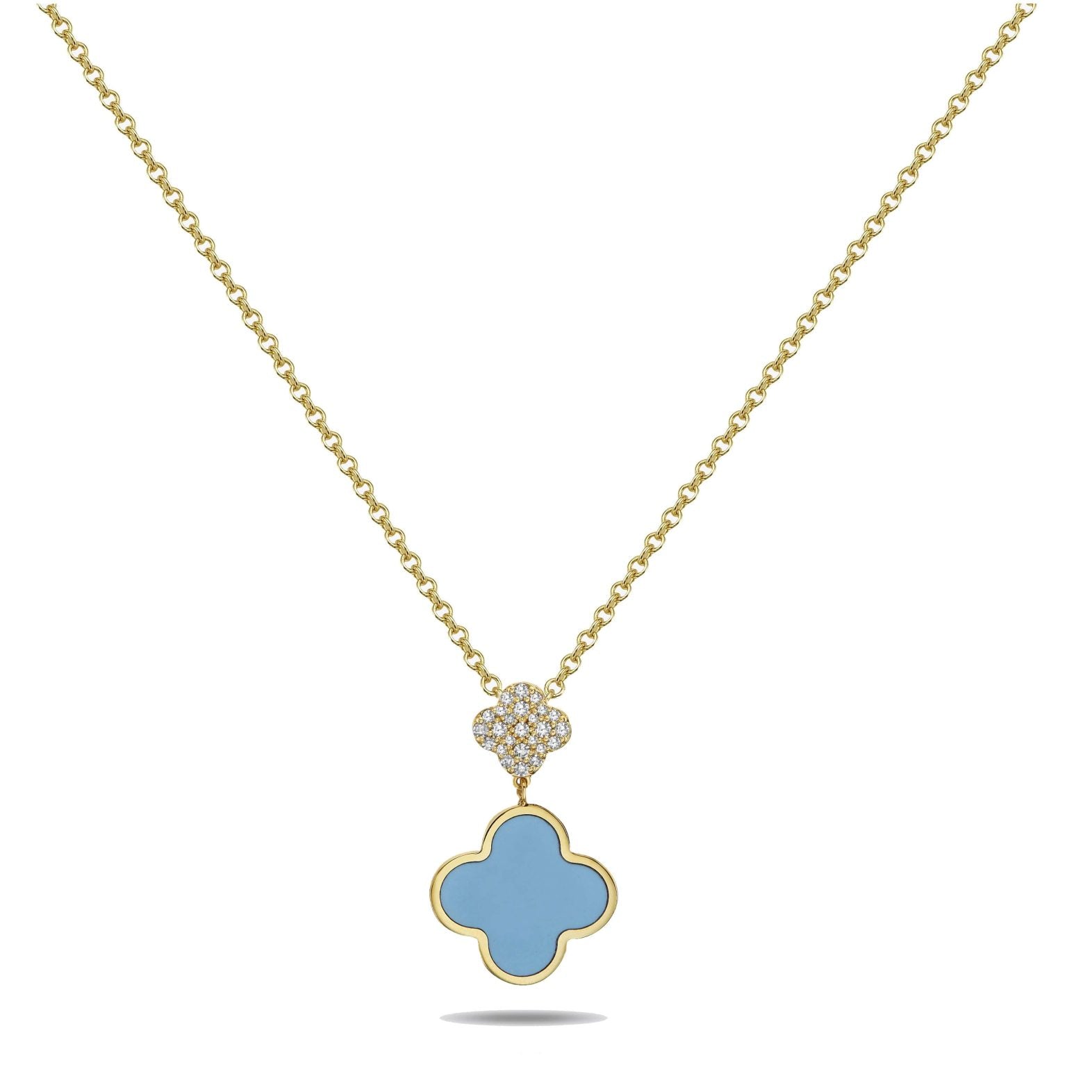 14K Yellow Gold Clover Dangle Diamond Pendant Necklace (Turquoise)