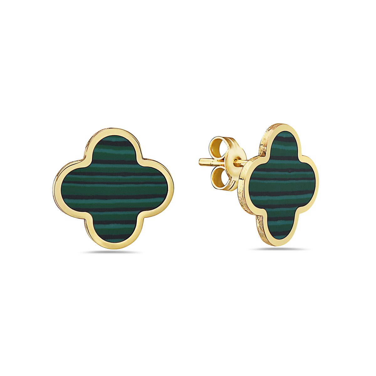 14K Yellow Gold Large Clover Earrings (Malachite)