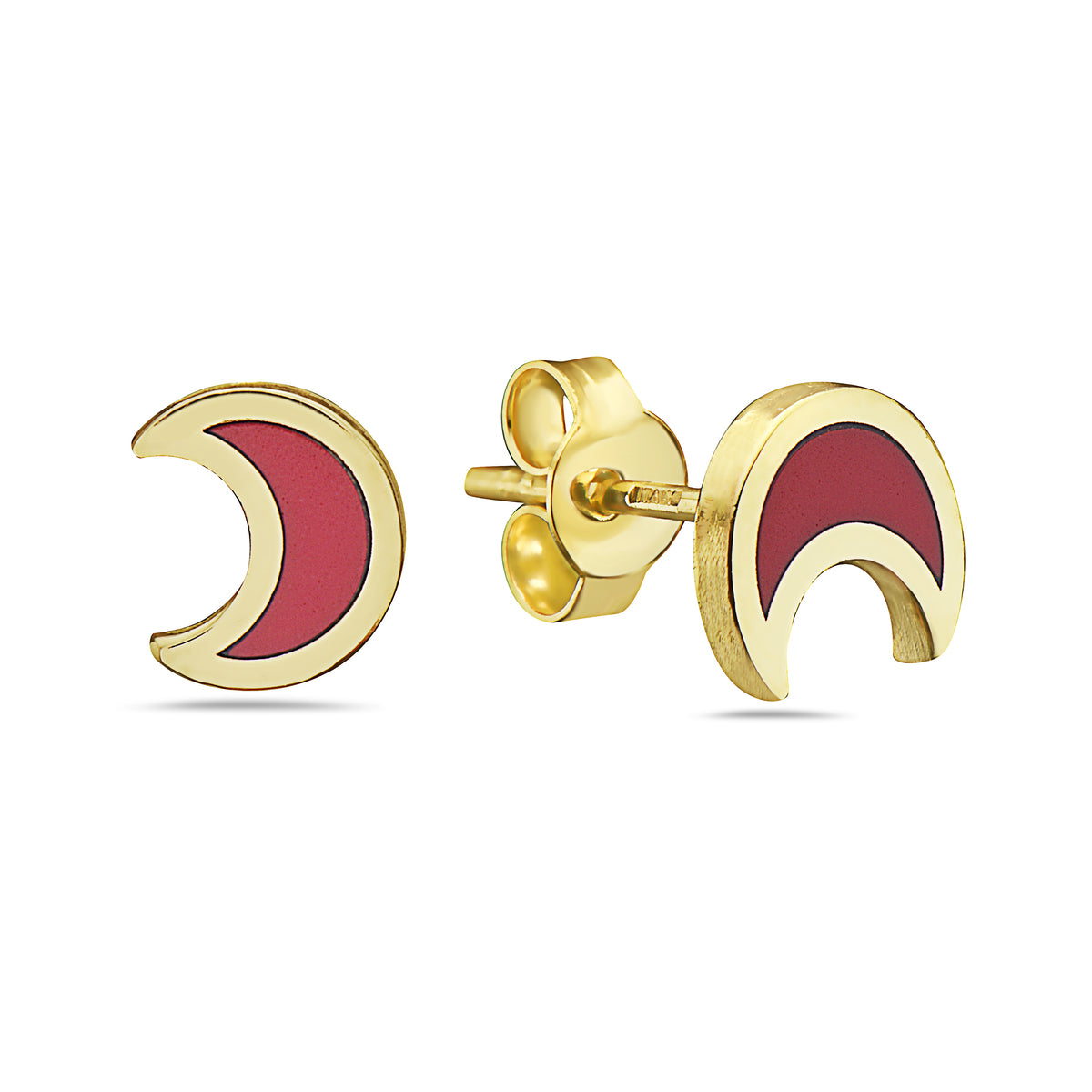 14K Yellow Gold Small Moon Stud Earrings (Coral)