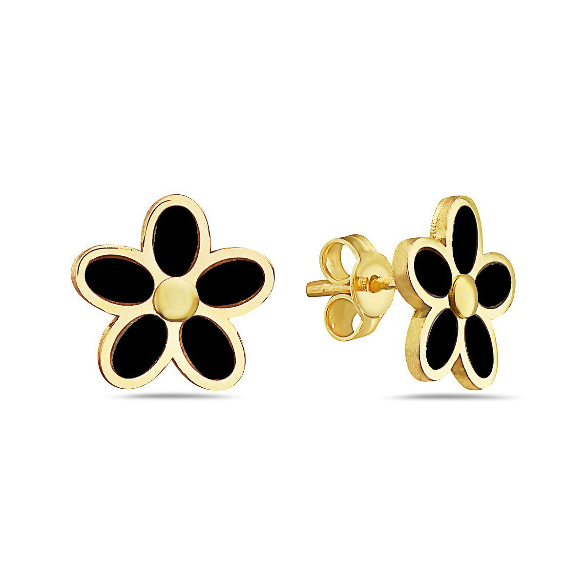 14K Yellow Gold 5-Petal Flower earrings (Onyx)