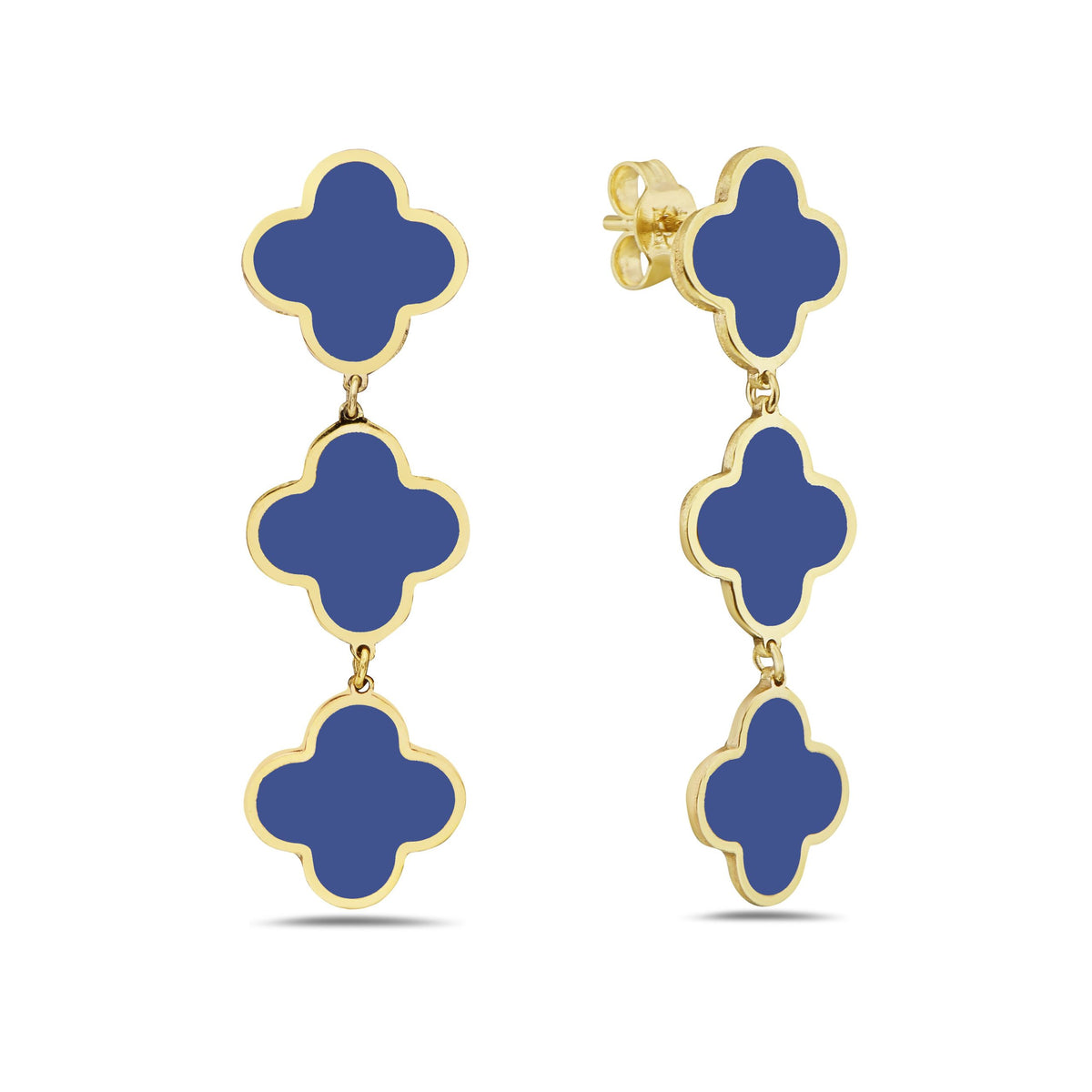 14K Yellow Gold Triple Clover Dangle Earrings (Lapis)