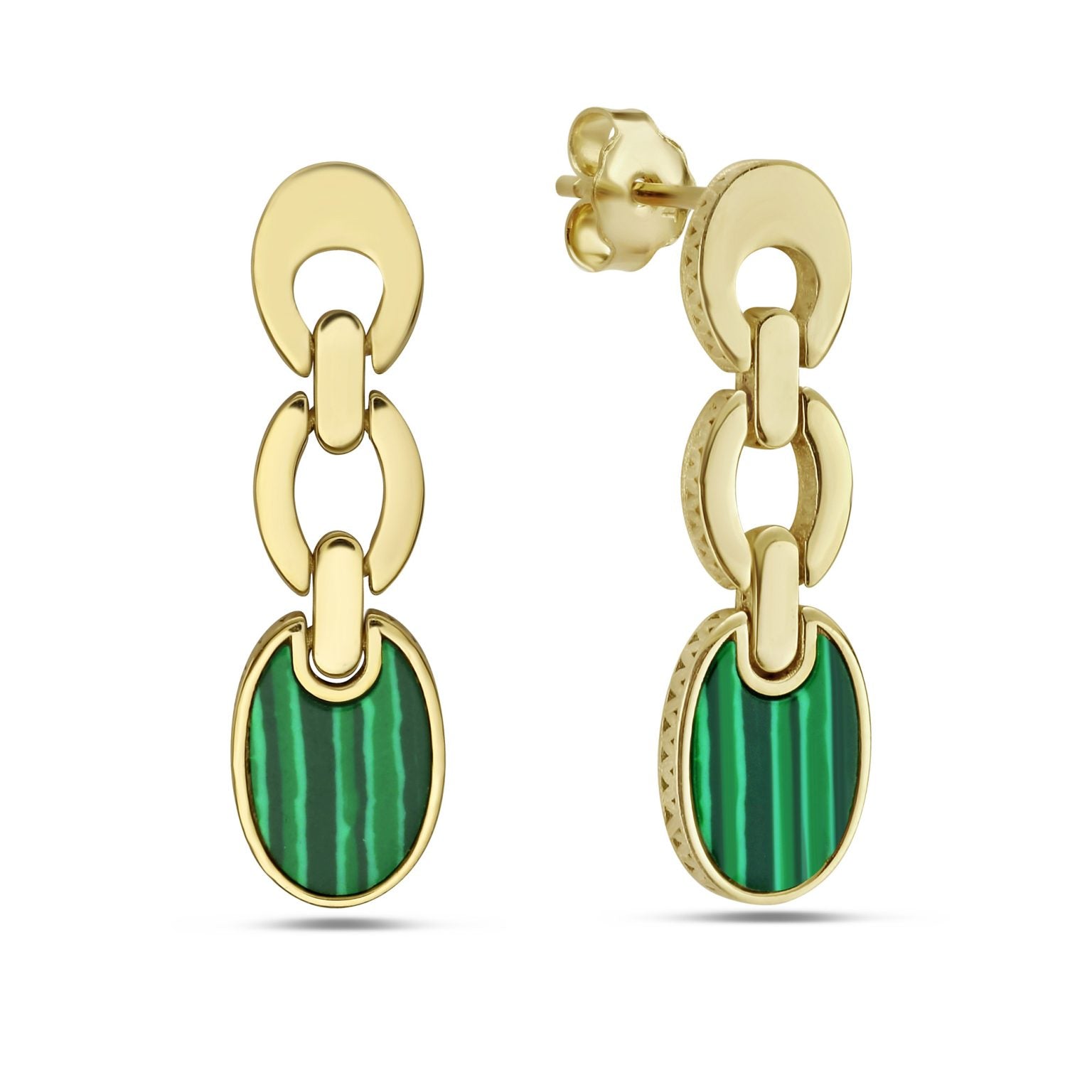 14K Yellow Gold Solid Gucci Links Dangle Earrings (Malachite)