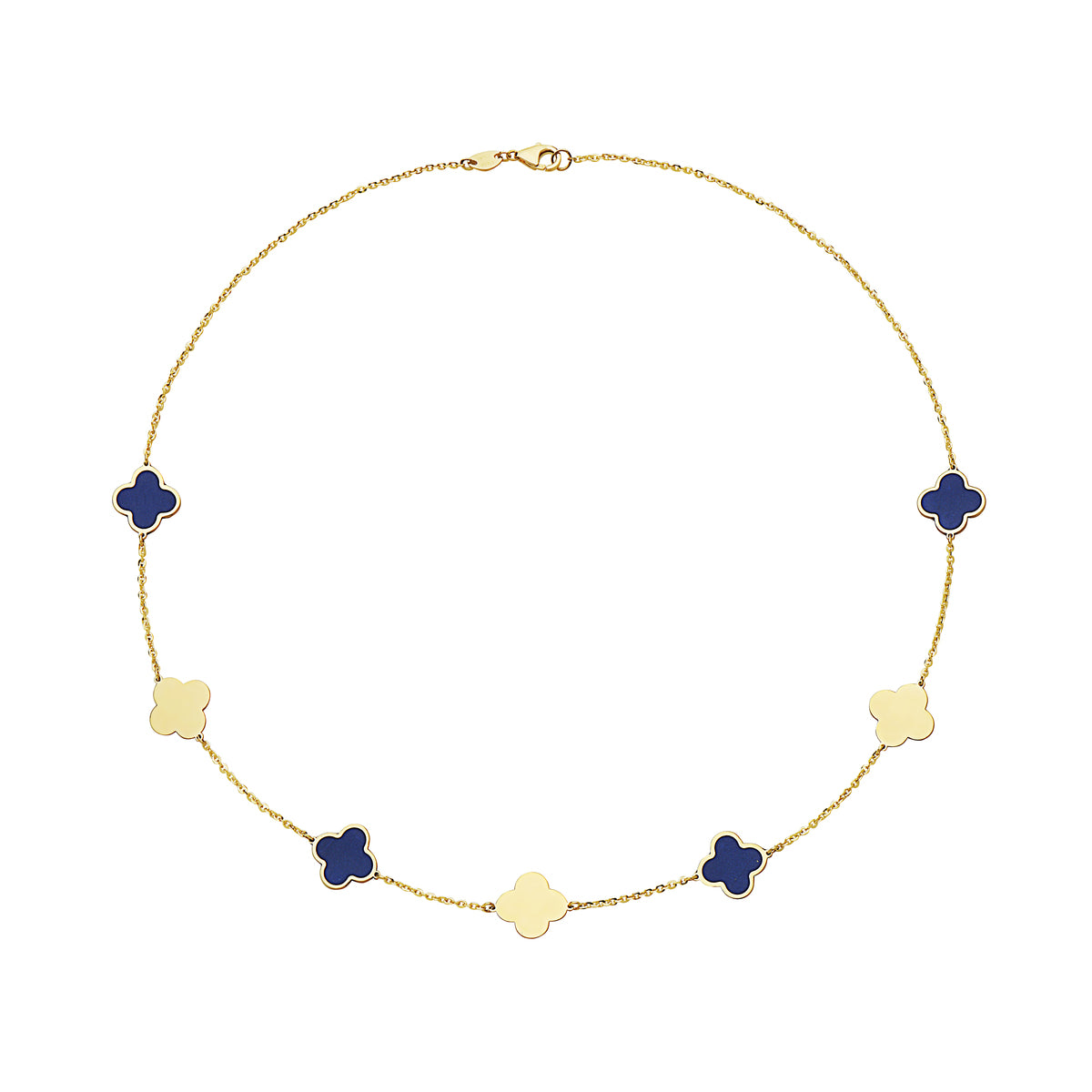 14K Yellow Gold Clover Station Necklace Two-Color (Lapis / Gold)