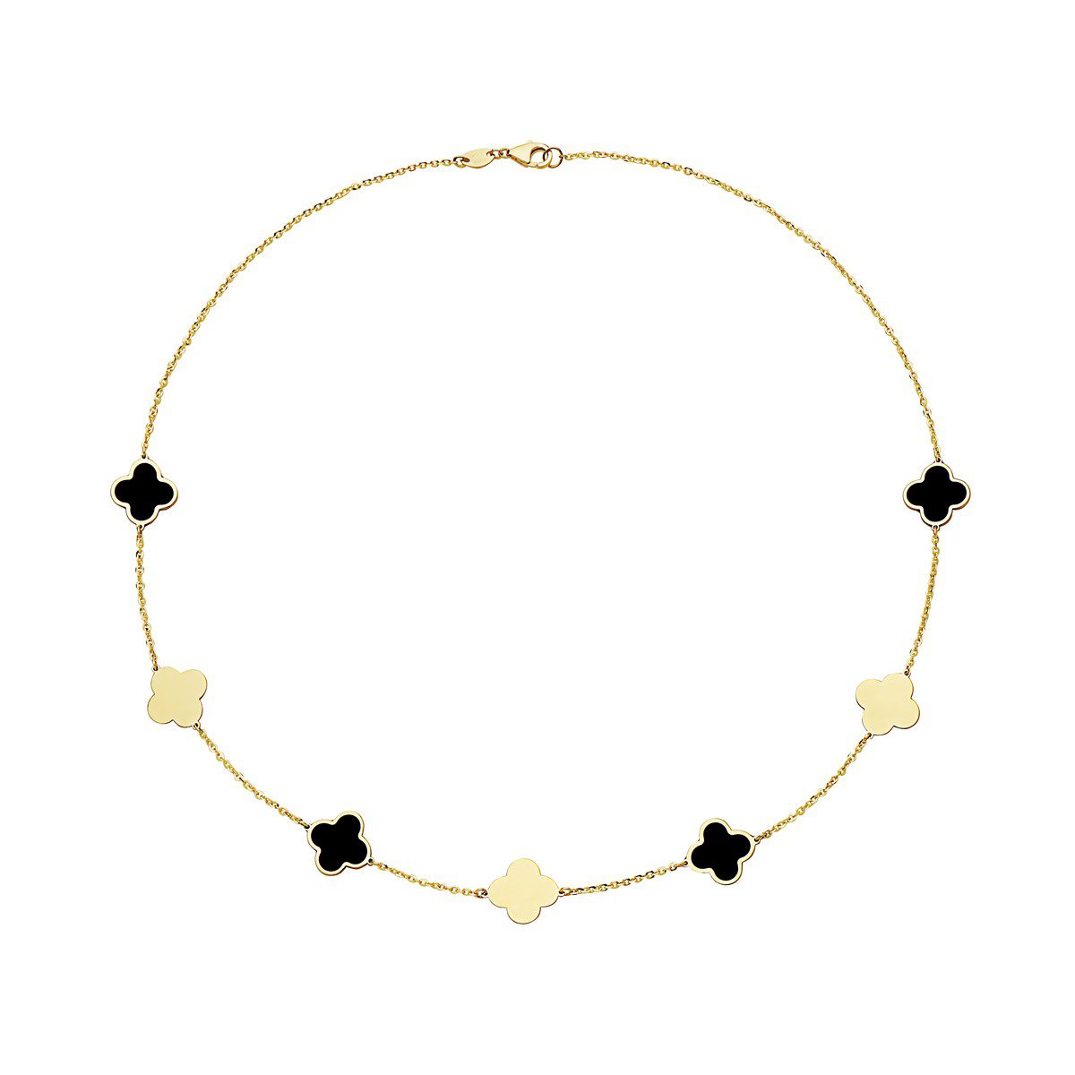 14K Yellow Gold Clover Station Necklace Two-Color (Onyx / Gold) Birmingham Jewelry Necklace Birmingham Jewelry 