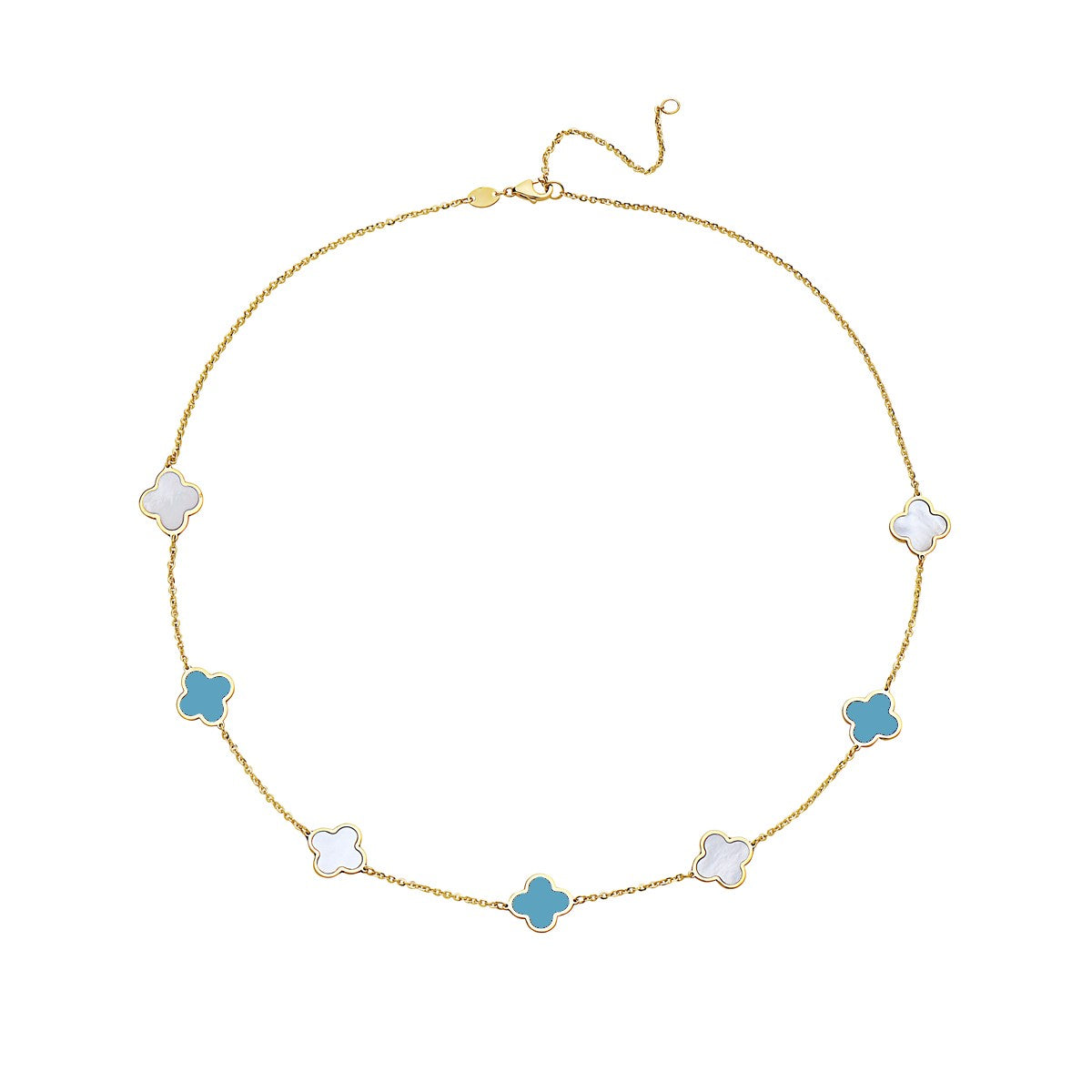 14K Yellow Gold Clover Station Necklace Two-Color (Turquoise / MOP)