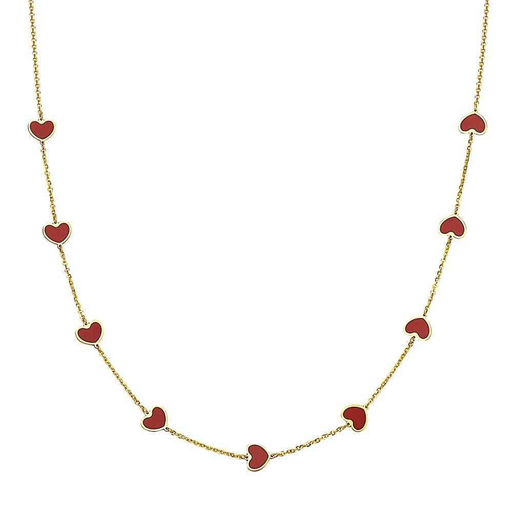14K Yellow Gold Small Heart Station Necklace (Coral) Birmingham Jewelry Necklace Birmingham Jewelry 