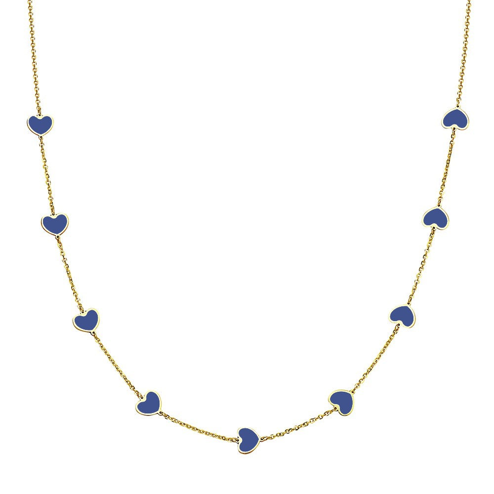 14K Yellow Gold Small Heart Station Necklace (Lapis)